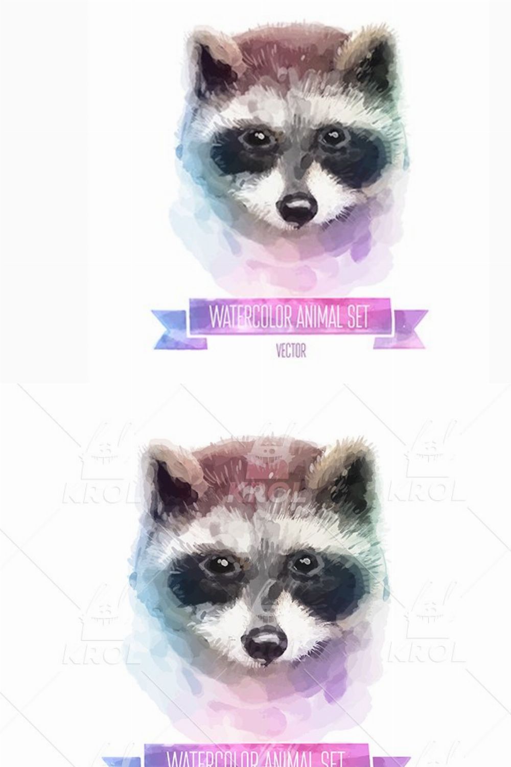 Watercolor set of animals | Raccoon pinterest preview image.