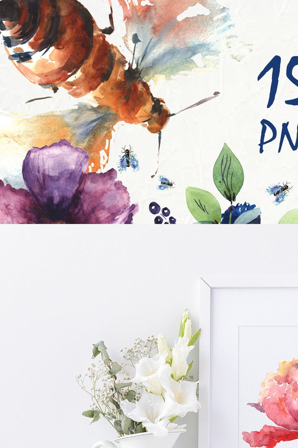 Watercolor set. Flower meadow, bee, pinterest preview image.