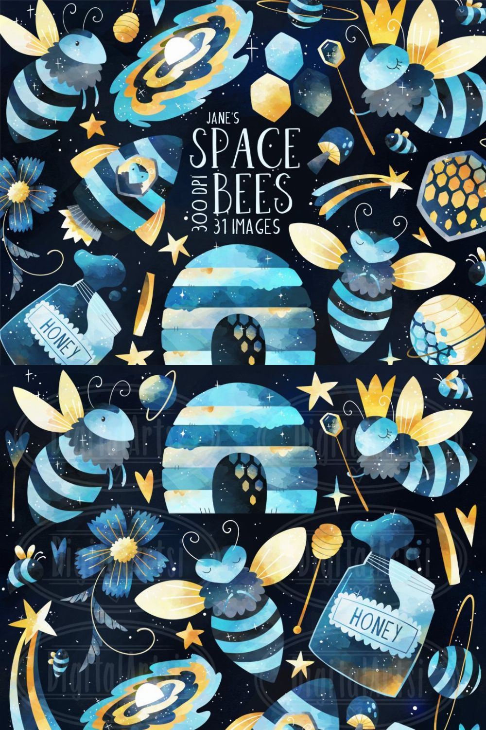 Watercolor Space Bees Clipart pinterest preview image.