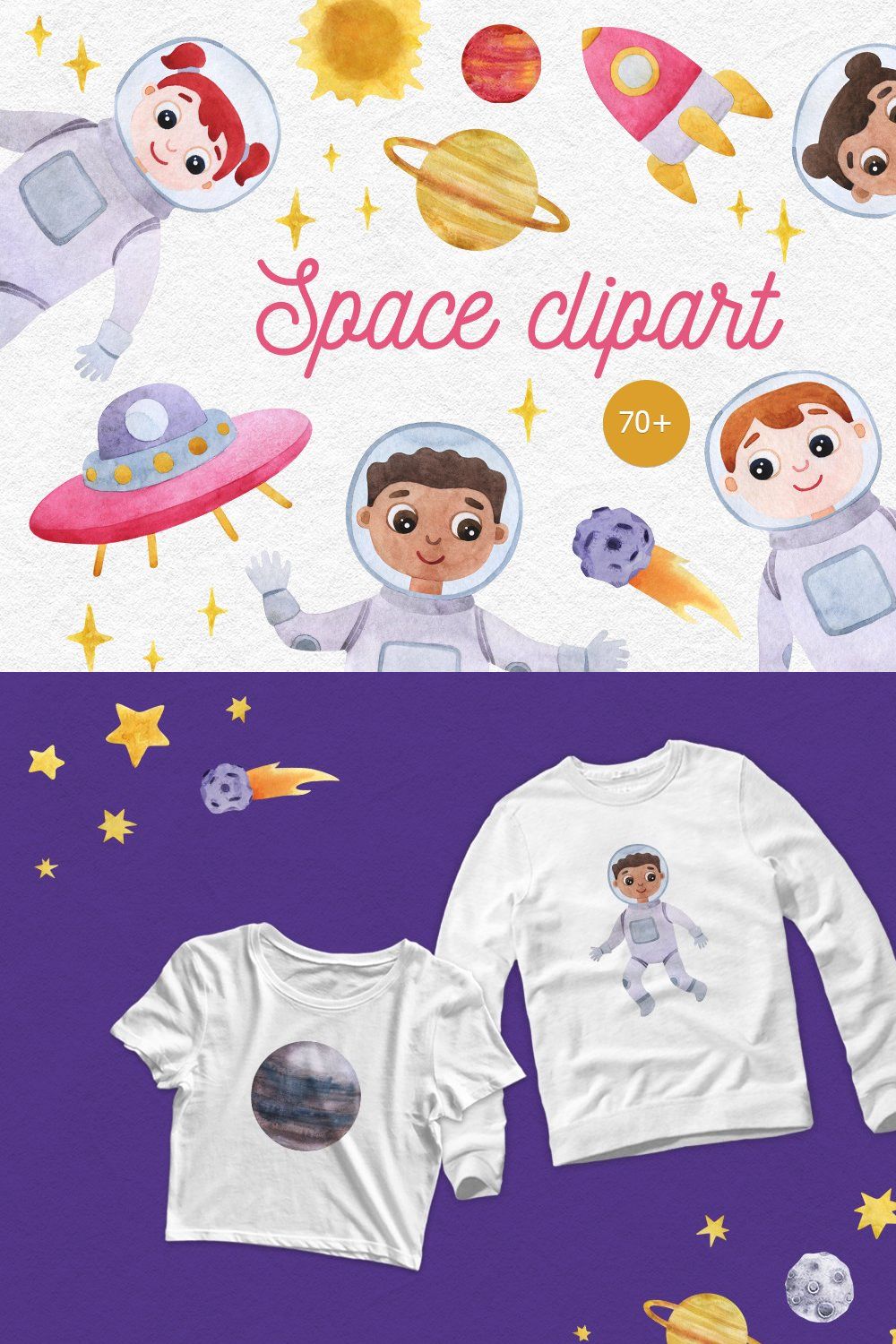 Watercolor space clipart with planet pinterest preview image.