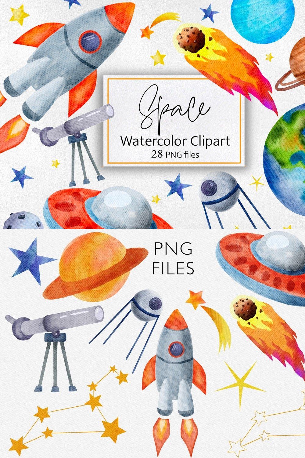 Watercolor space Solar system pinterest preview image.