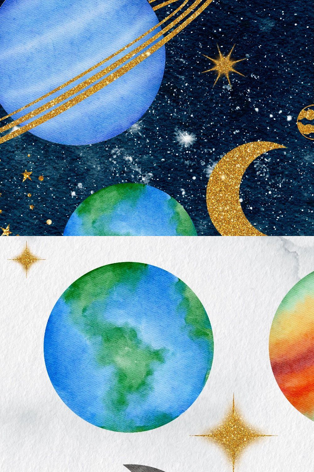 Watercolor space Solar system pinterest preview image.