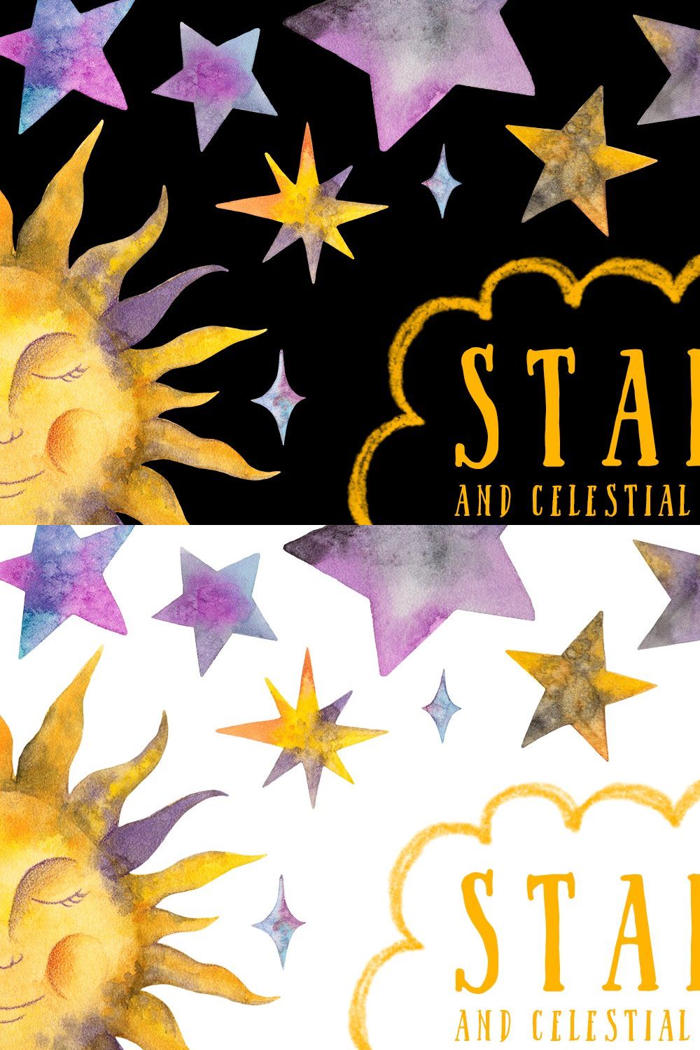 Watercolor Stars & Celestial Bodies pinterest preview image.