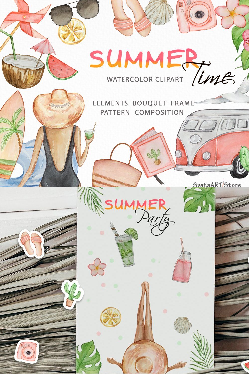 Watercolor Summer Beach Clipart pinterest preview image.