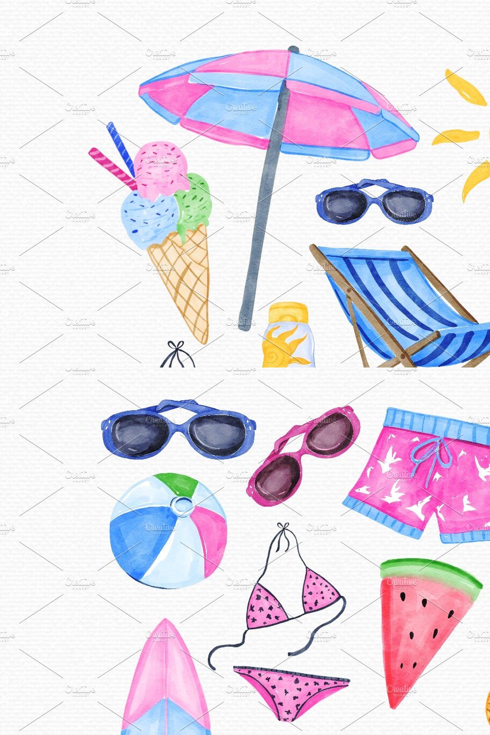 Watercolor beach set. Hand drawn men summer wear - tank t-shirt, swim shorts,  sun hat, sunglasses and tropical cocktail with palm tree leaf, isolated on  white background. Vacation vibes illustration. Stock-illustration
