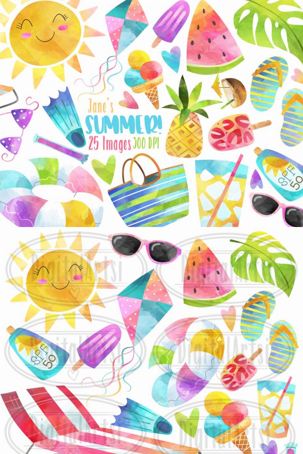 Watercolor Summer Clipart pinterest preview image.