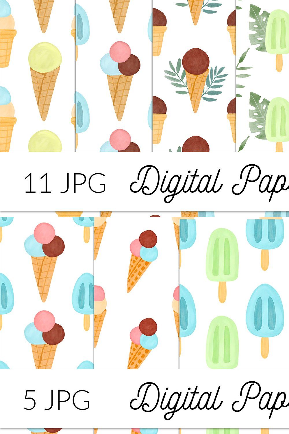 Watercolor summer ice cream patterns pinterest preview image.