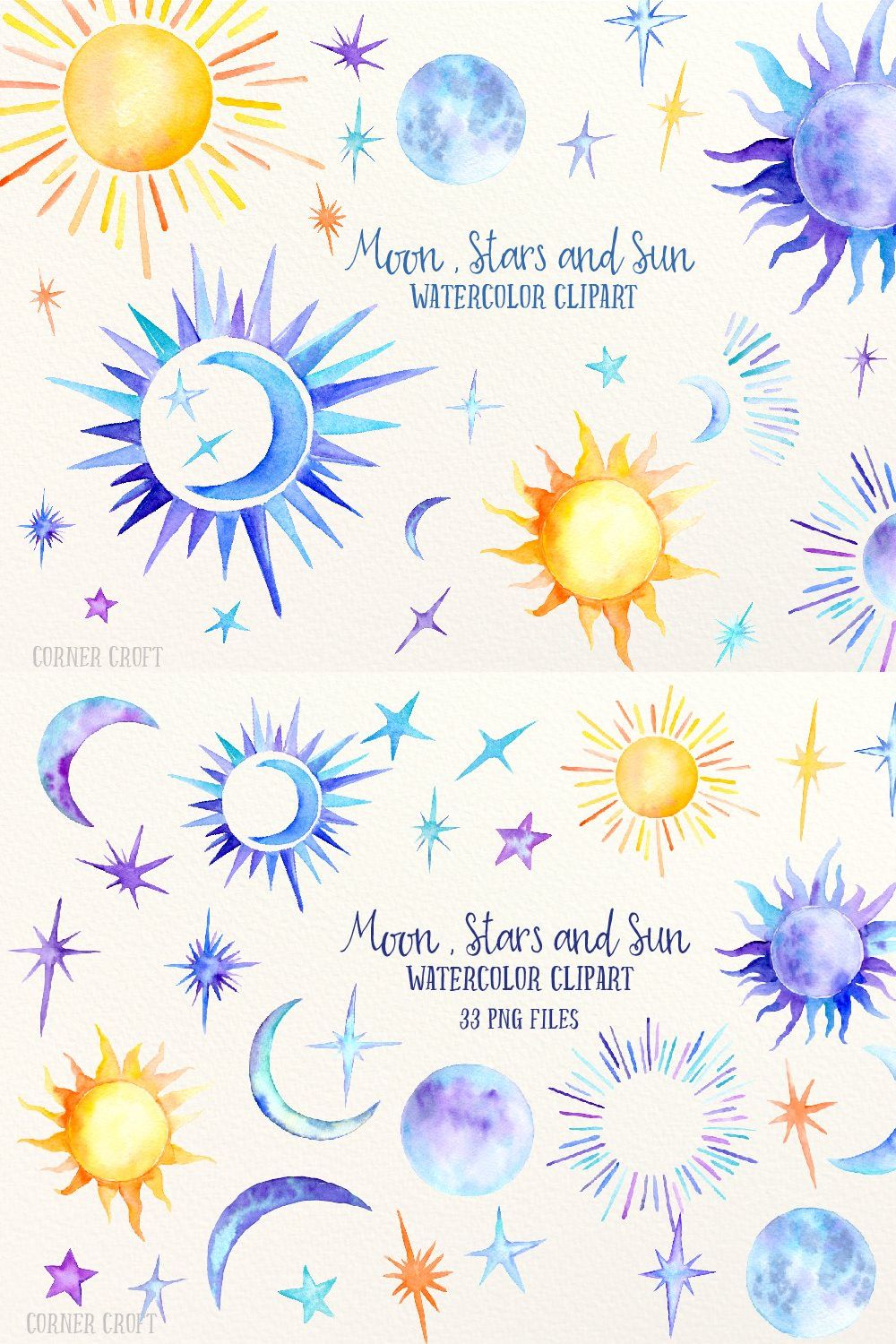 Watercolor Sun, moon and stars pinterest preview image.