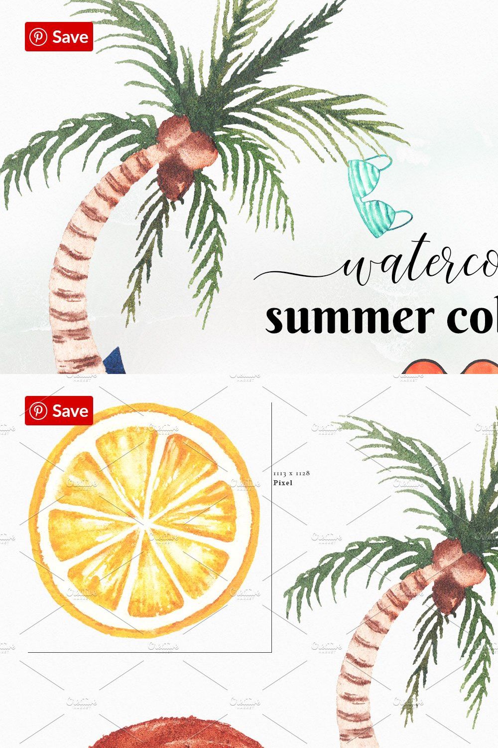 Watercolor Tropical Summer Clip Art pinterest preview image.