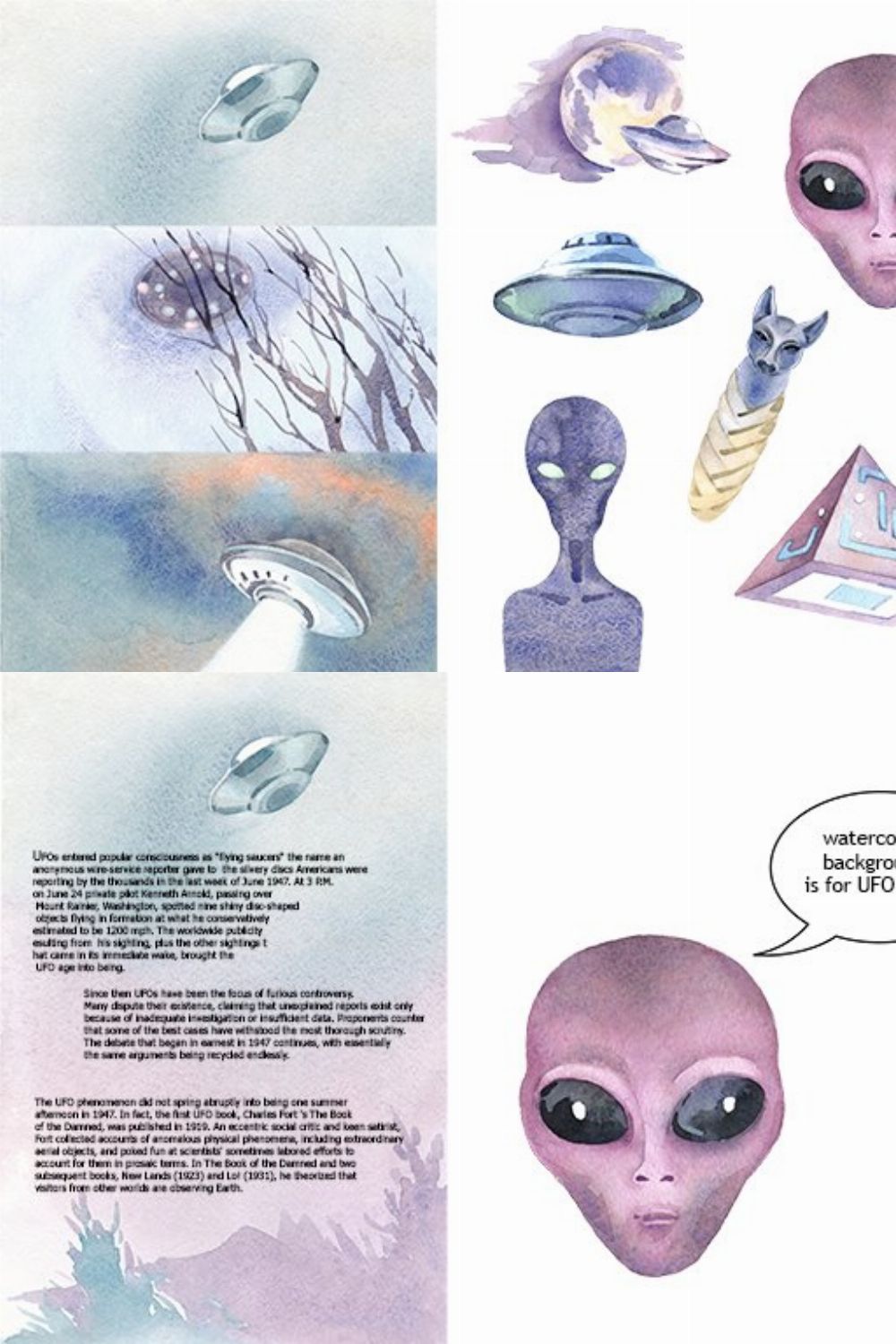 Watercolor UFO cliparts for articles pinterest preview image.