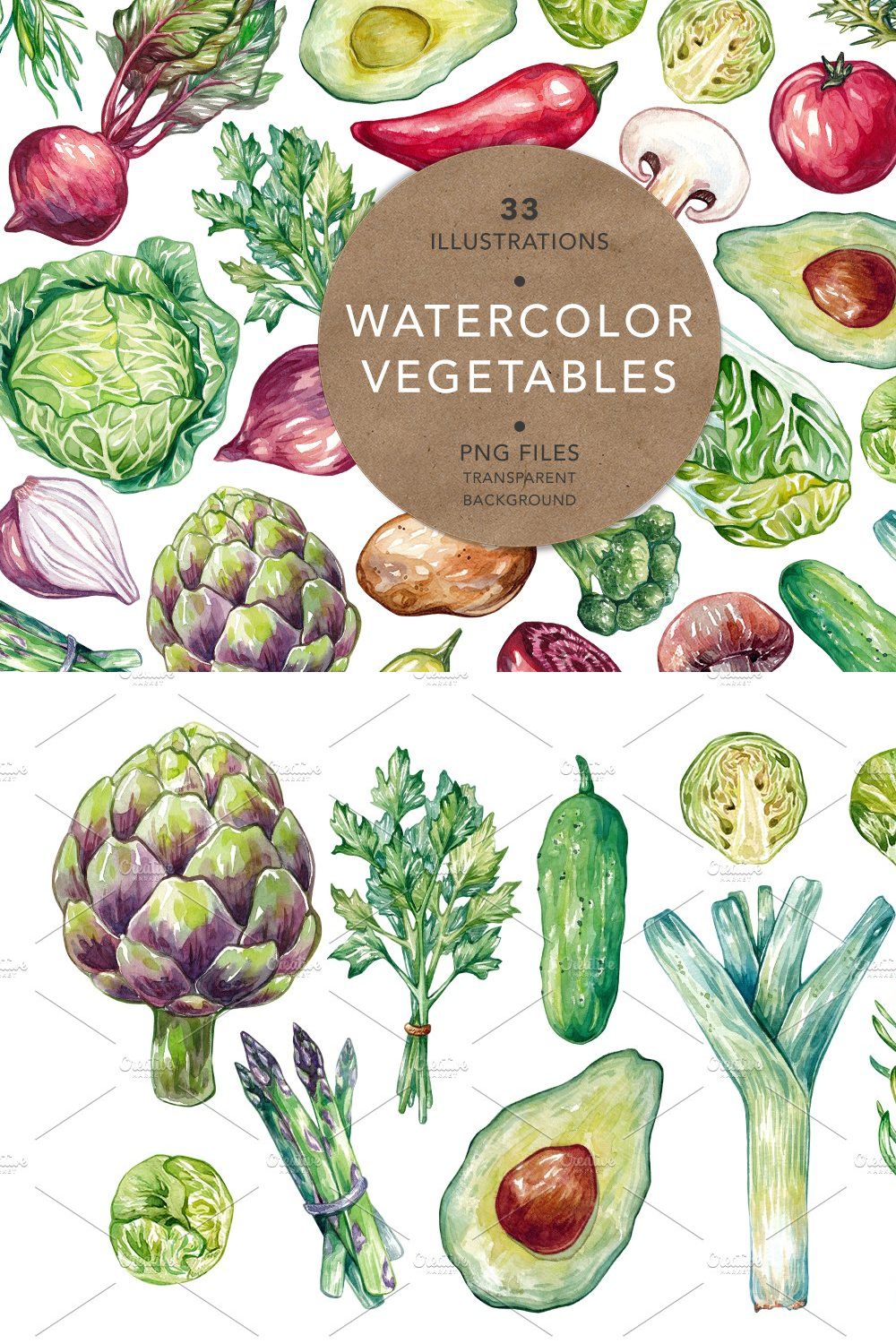 Watercolor Vegetables. pinterest preview image.