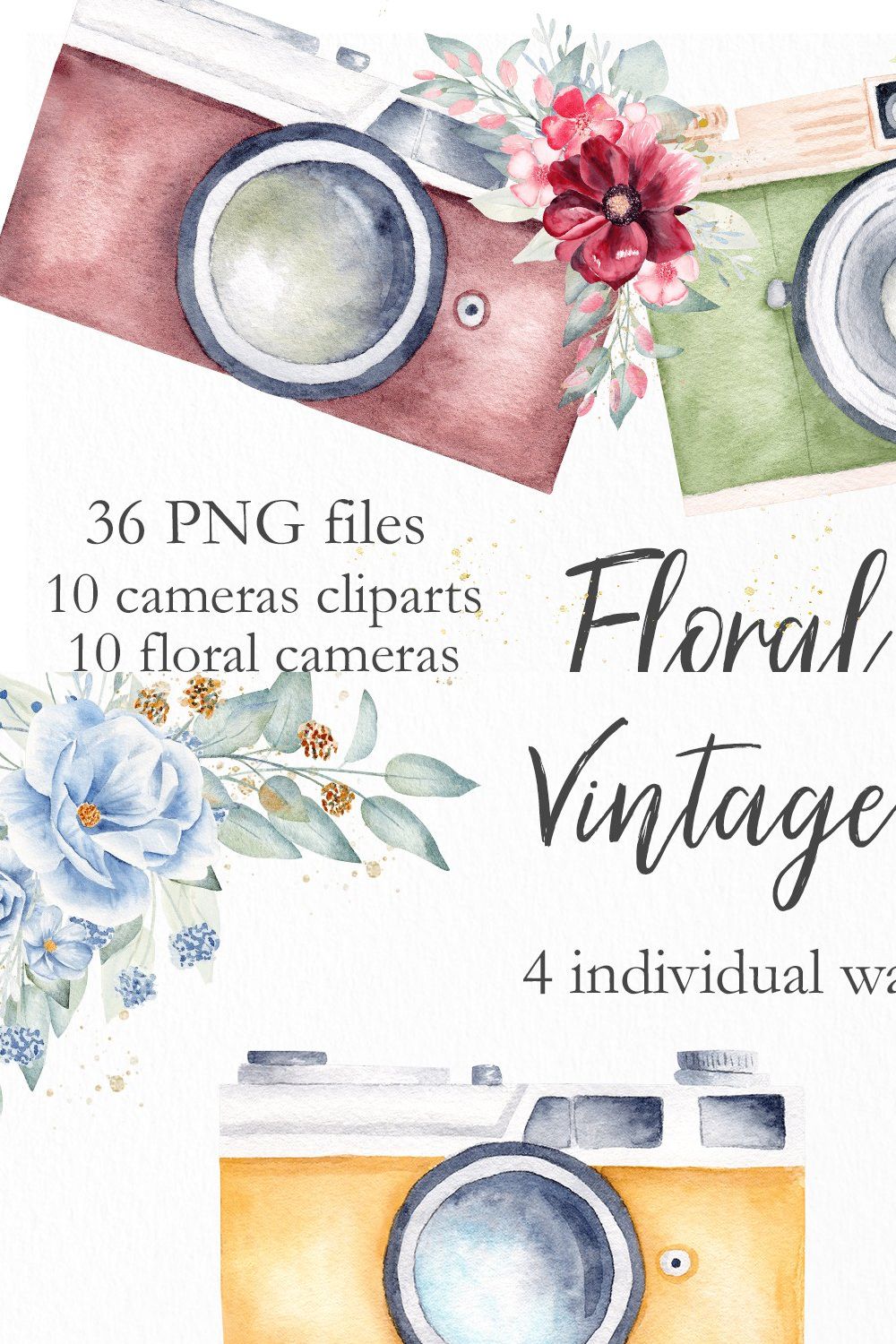 Watercolor Vintage Cameras Set pinterest preview image.
