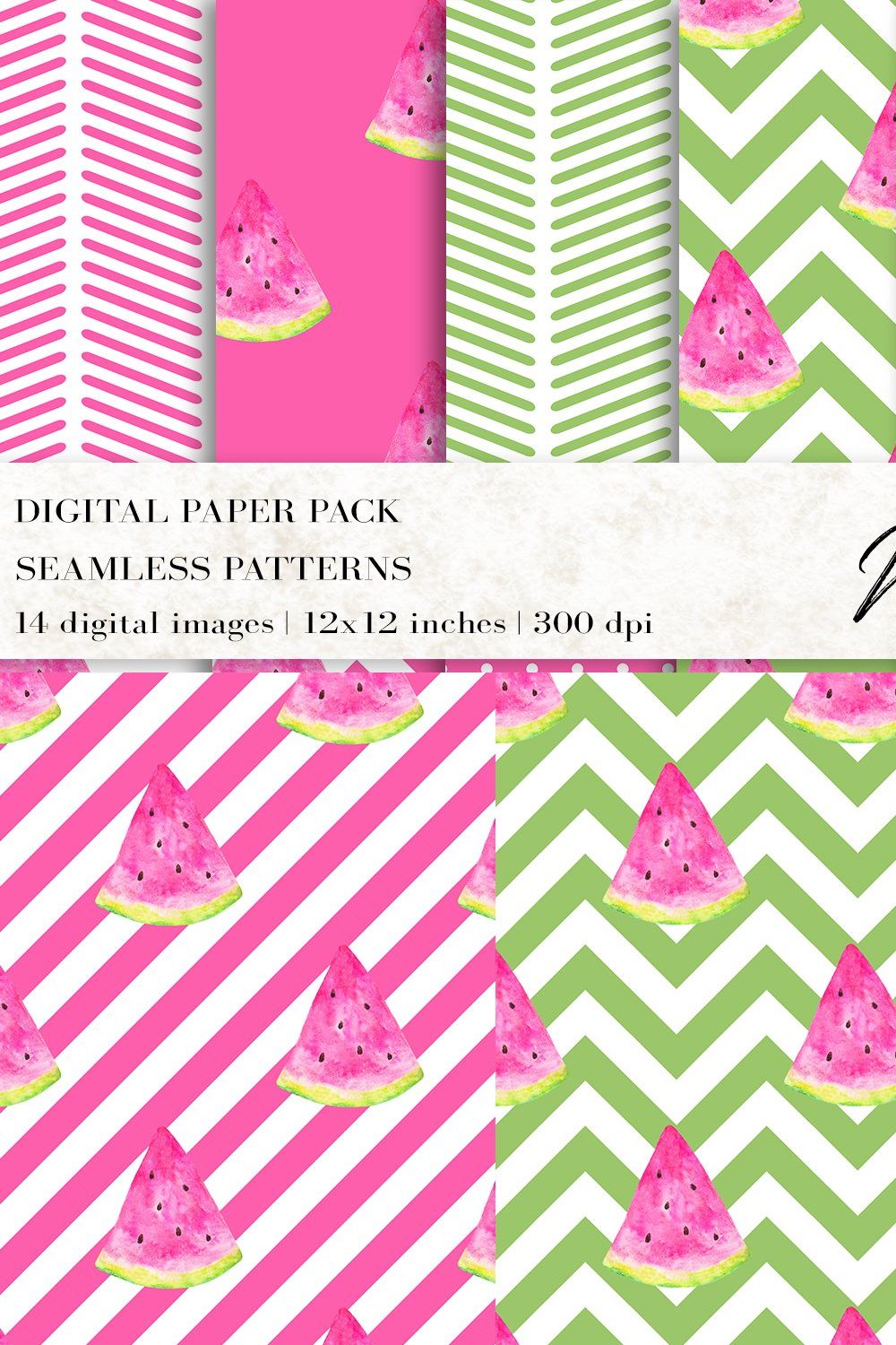 Watercolor Watermelon Digital Papers pinterest preview image.