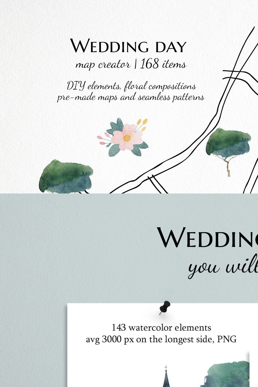 Watercolor Wedding Map Creator pinterest preview image.