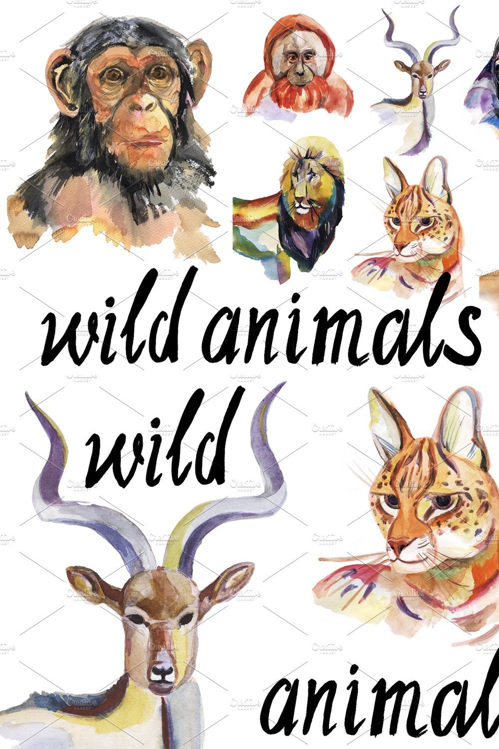Watercolor wild animals set. pinterest preview image.