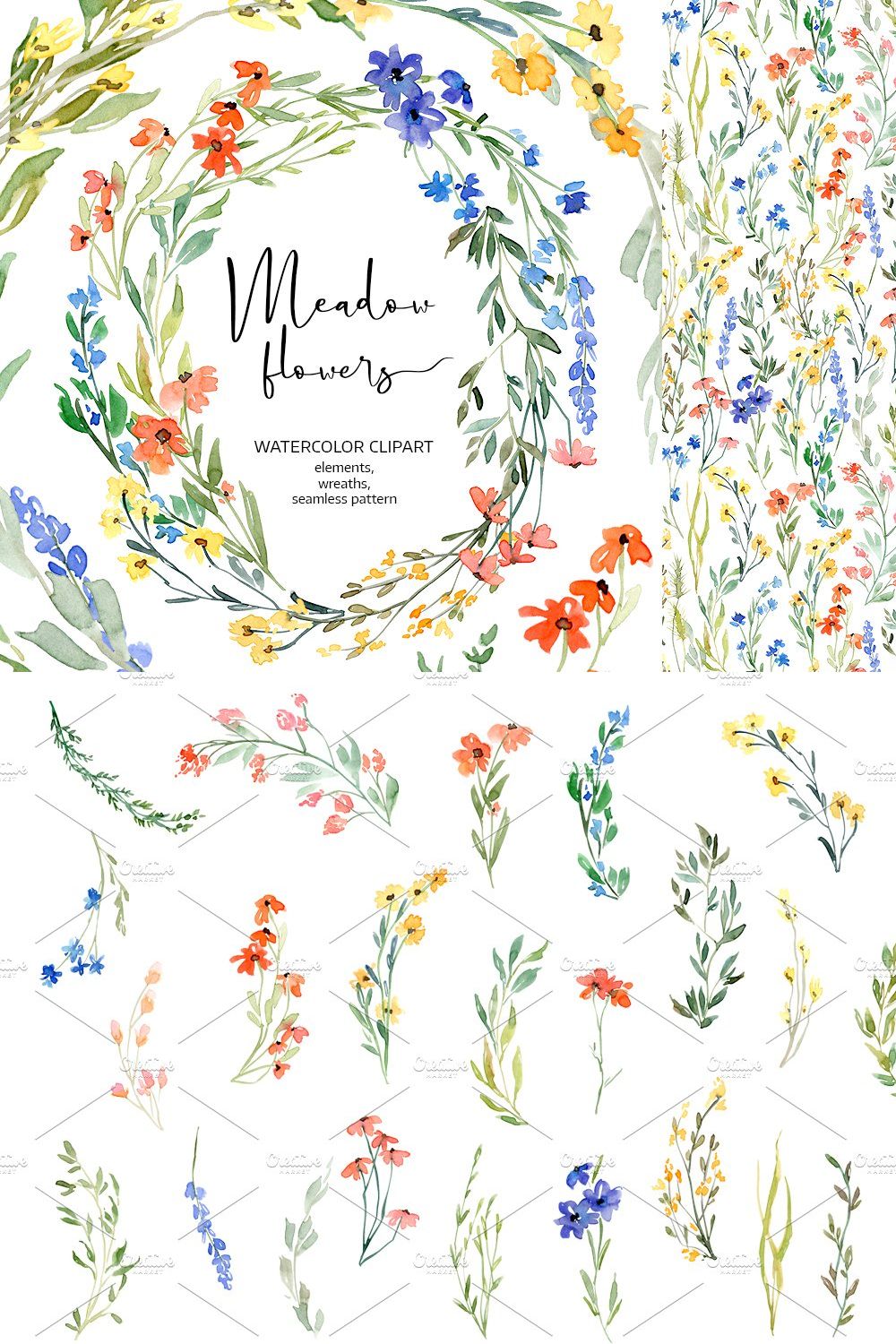 Watercolor Wild Flowers Meadow PNG pinterest preview image.