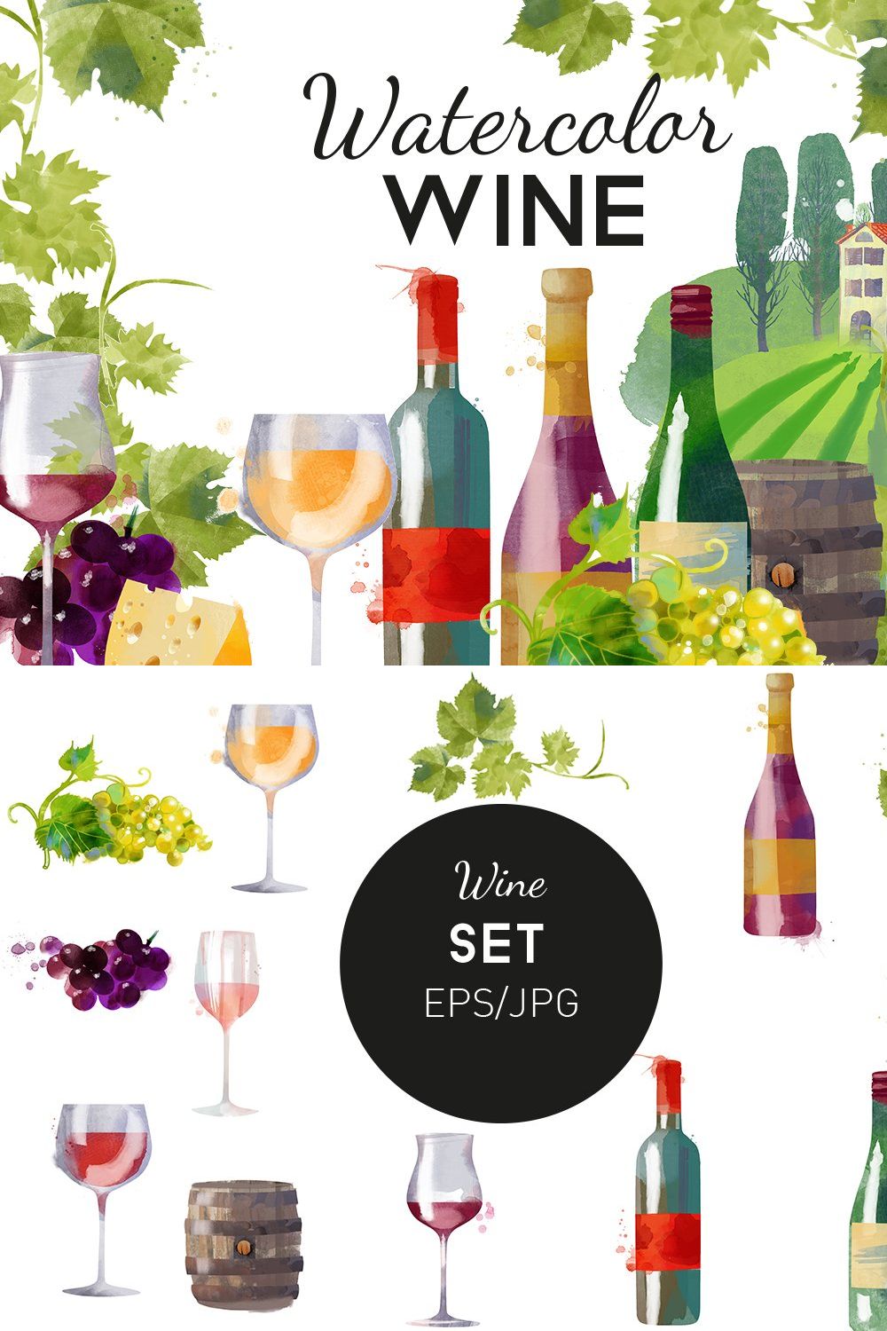 Watercolor wine pinterest preview image.