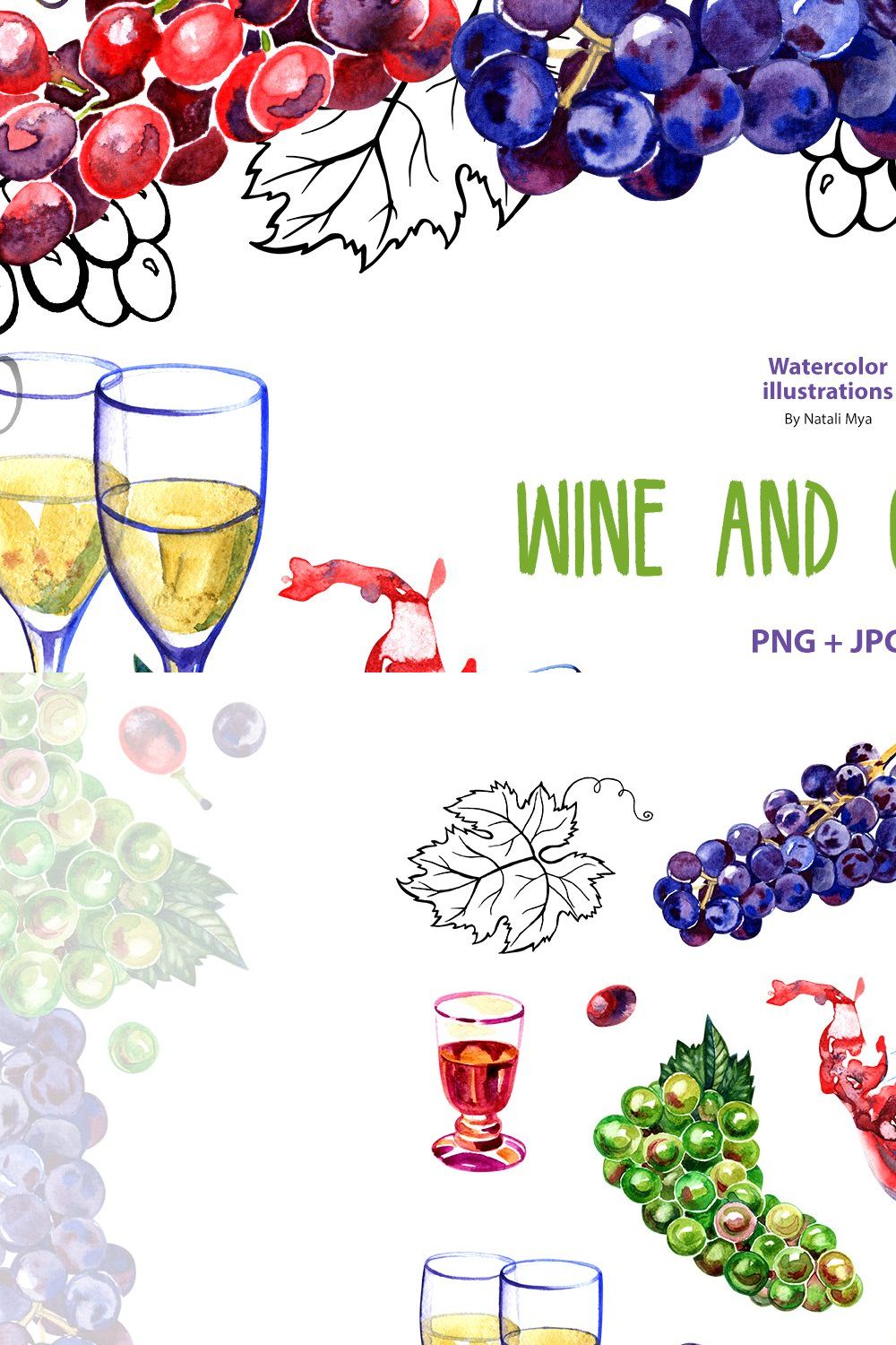 Watercolor wine and grape pinterest preview image.