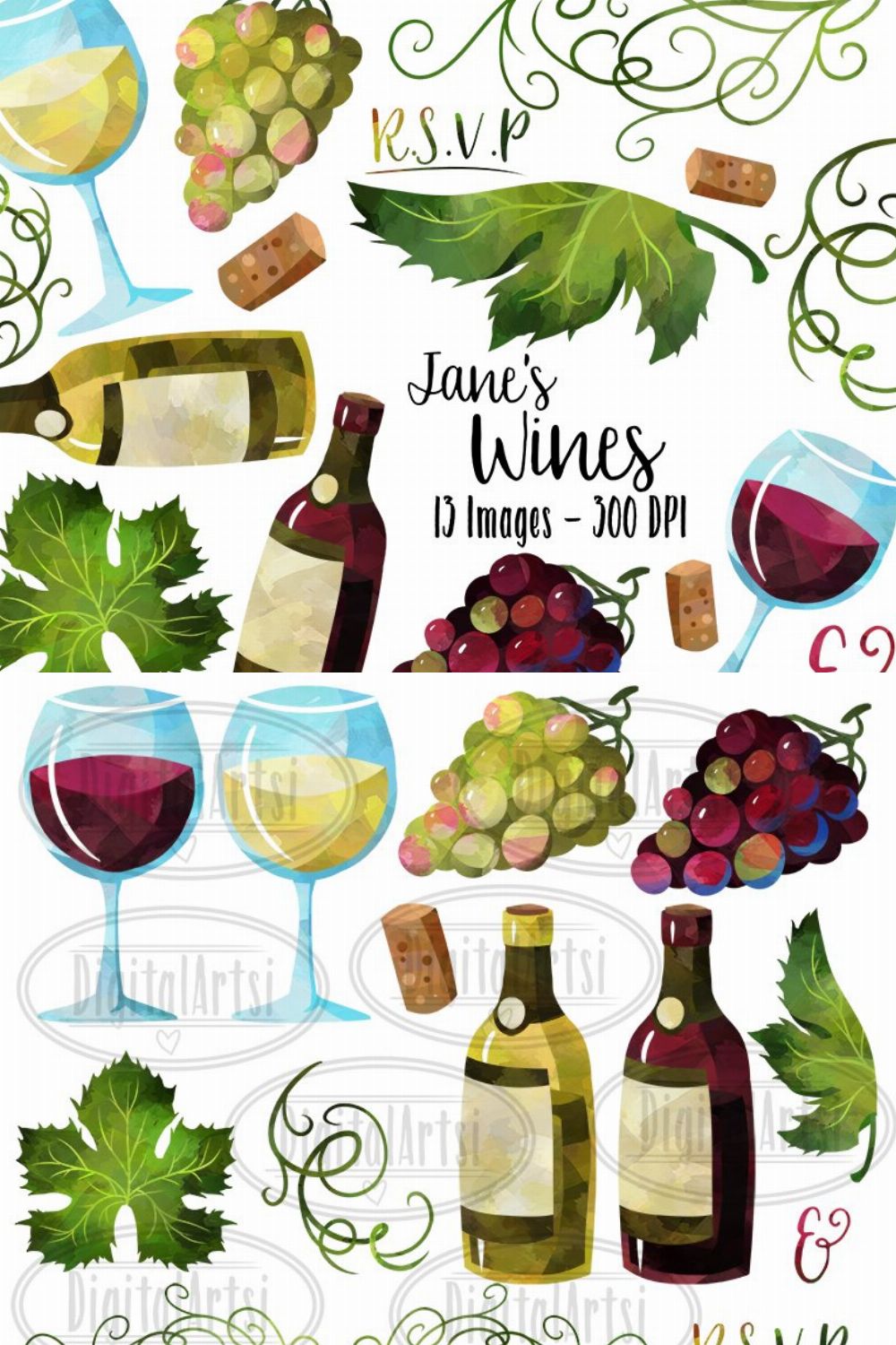 Watercolor Wine Clipart pinterest preview image.