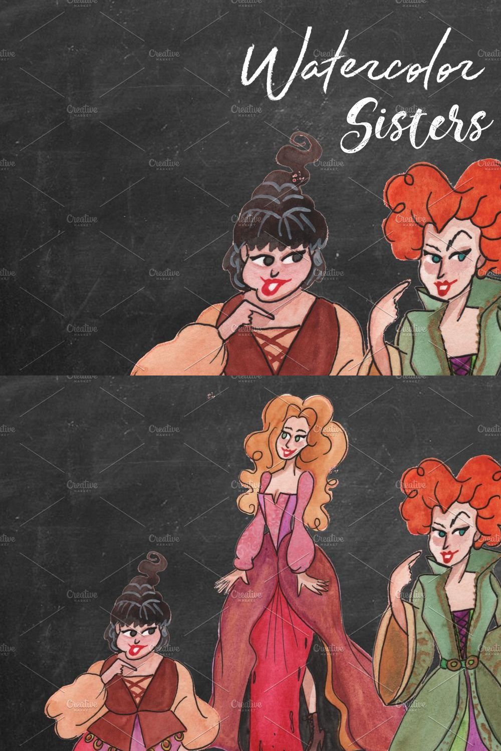 Watercolor witches Hocuspocus! pinterest preview image.