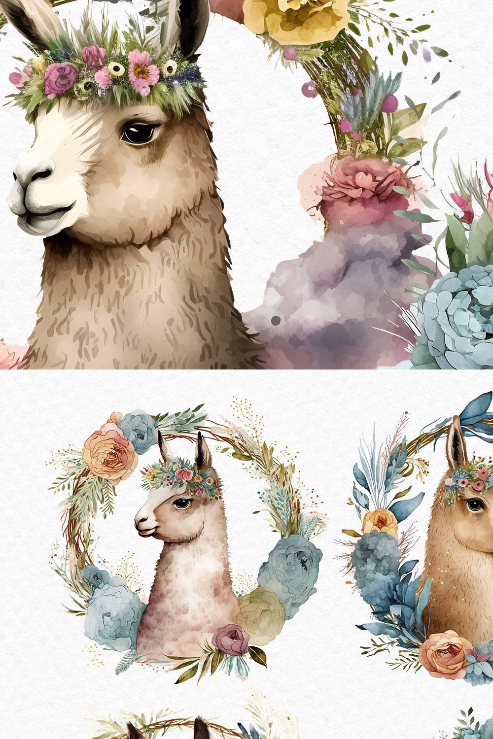Watercolor wreath with alpaca flower pinterest preview image.