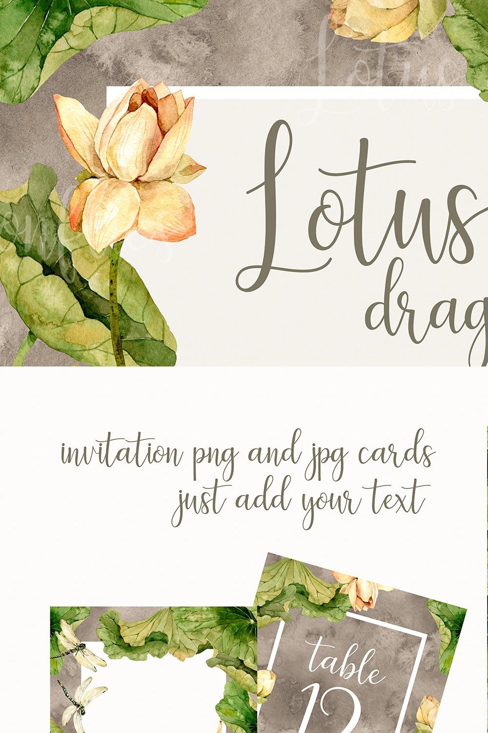 Waterlilies lotus and dragonfly set pinterest preview image.