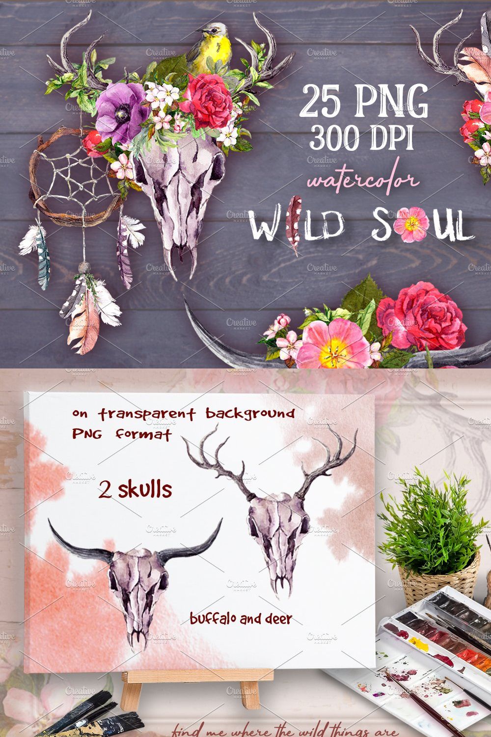 Wild soul - boho style watercolor pinterest preview image.