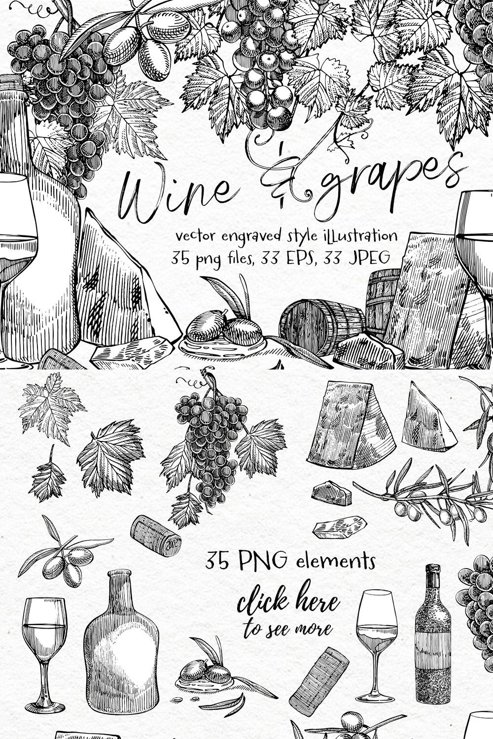 Wine and grapes set illustrations pinterest preview image.