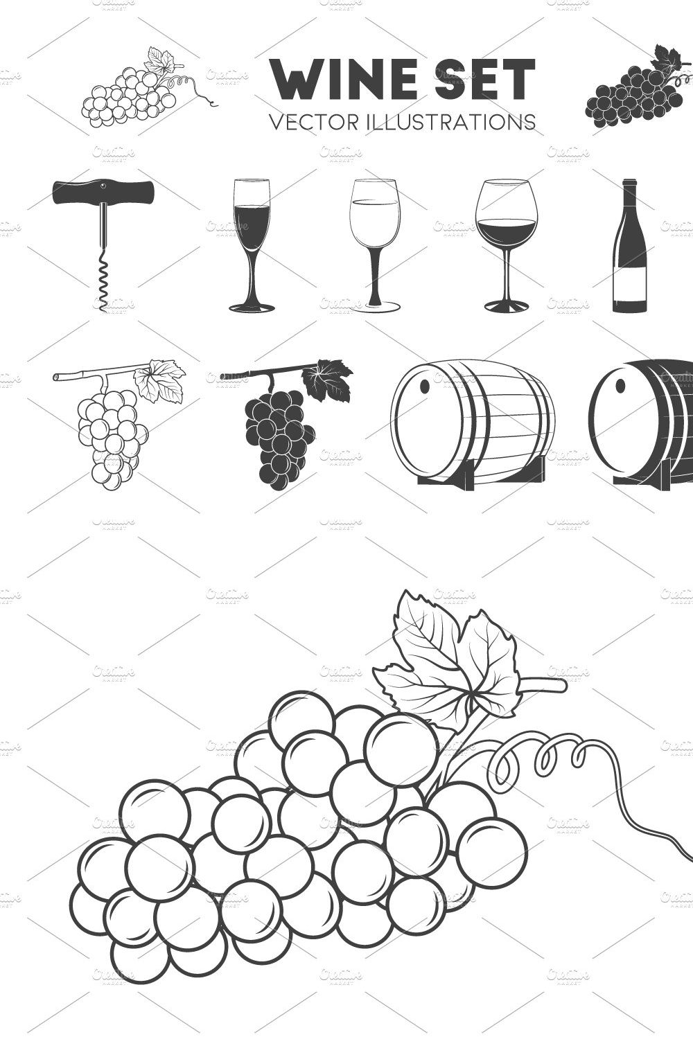 Wine Set. Monochrome Icons, Elements pinterest preview image.