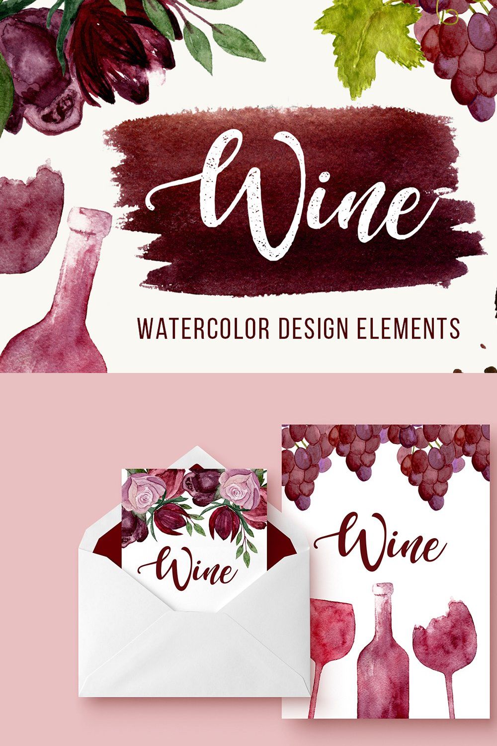 Wine Watercolor Elements+BONUS pinterest preview image.