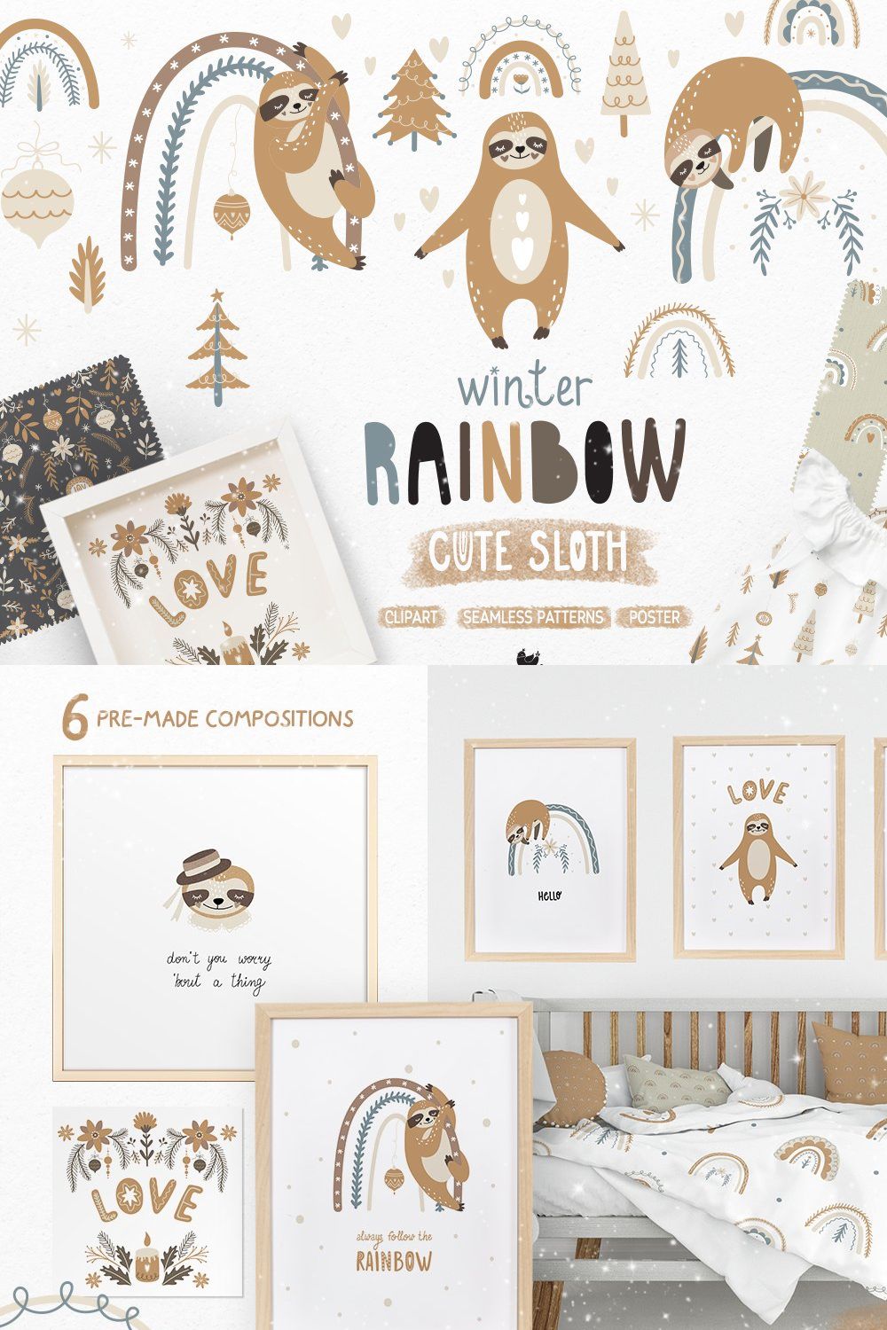 Winter Rainbow & Cute Sloth pinterest preview image.