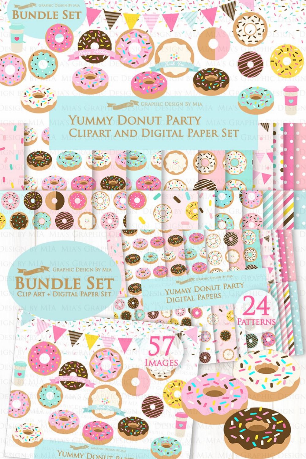 Yummy Donut Clipart+Pattern set pinterest preview image.