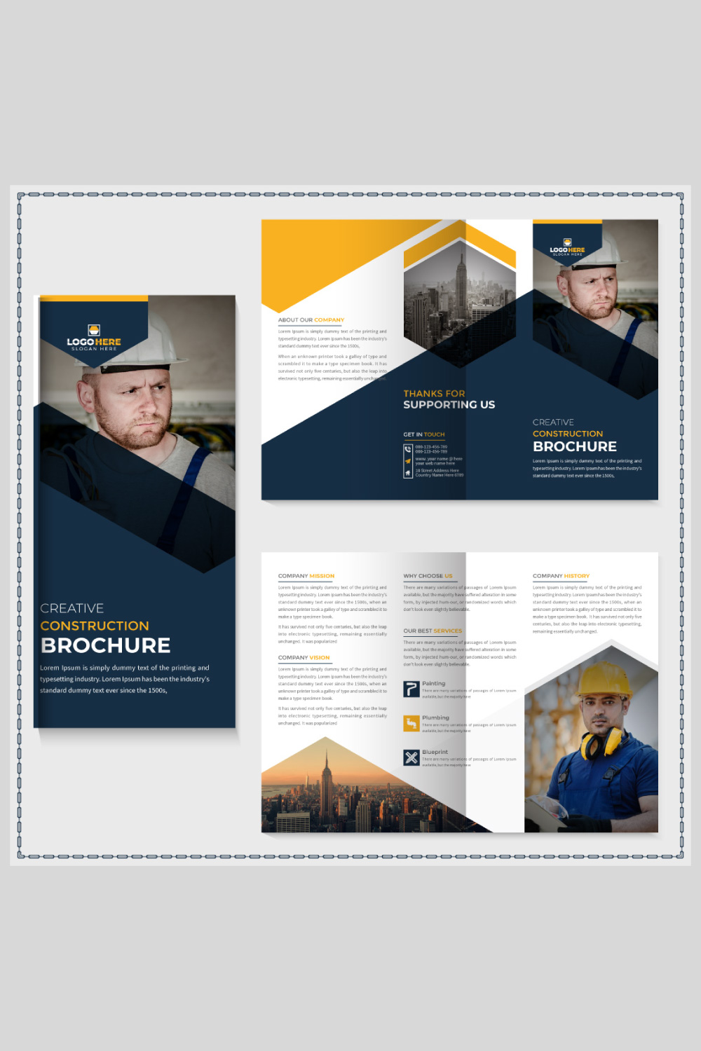 Construction trifold brochure or home renovation brochure template pinterest preview image.