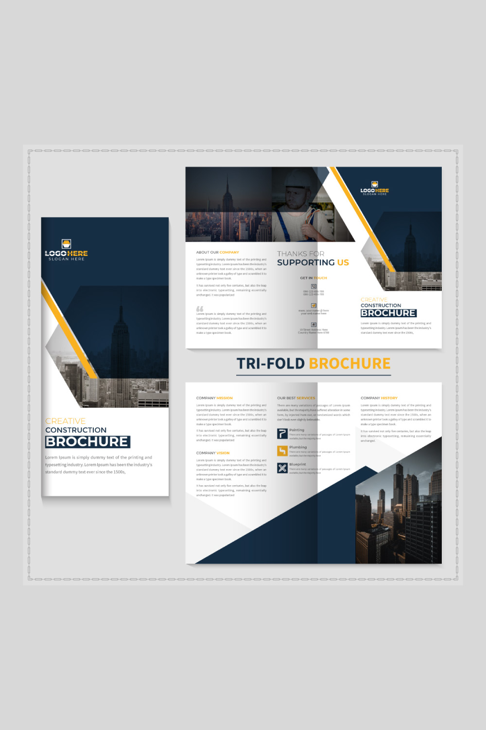 construction trifold brochure template and home renovation magazine pinterest preview image.