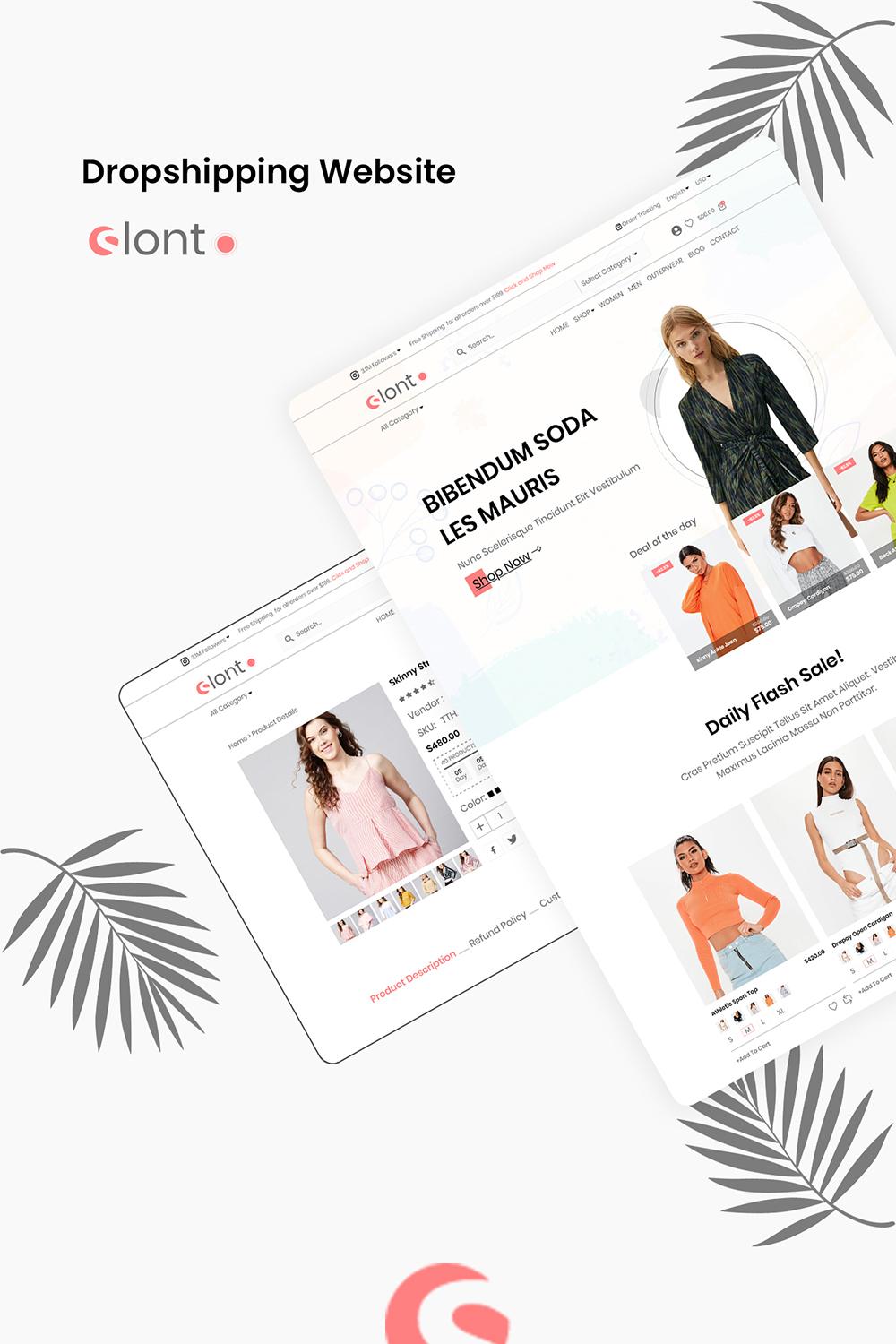 Dropshipping Ecommerce PSD & XD Template with Wireframe pinterest preview image.