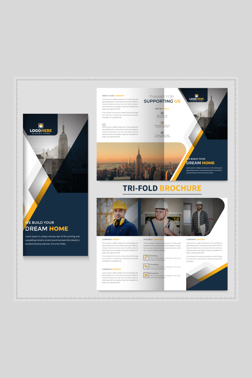 construction and home renovation trifold brochure pinterest preview image.