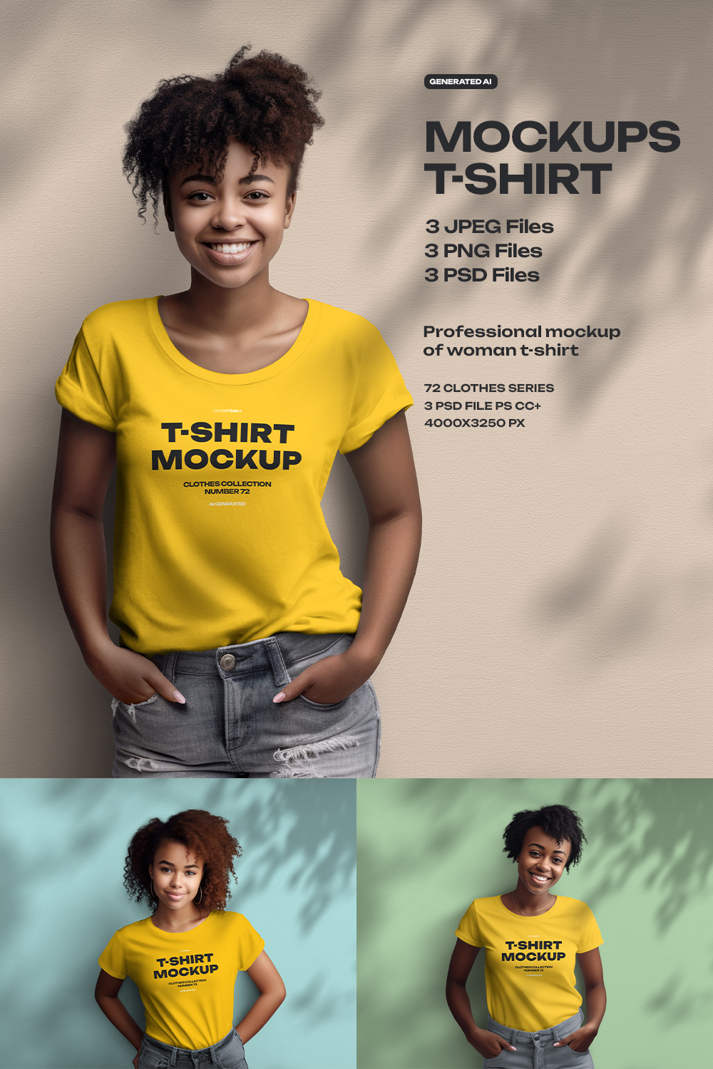 T-shirt Mockups on 3 Different African American Women Generated AI pinterest preview image.
