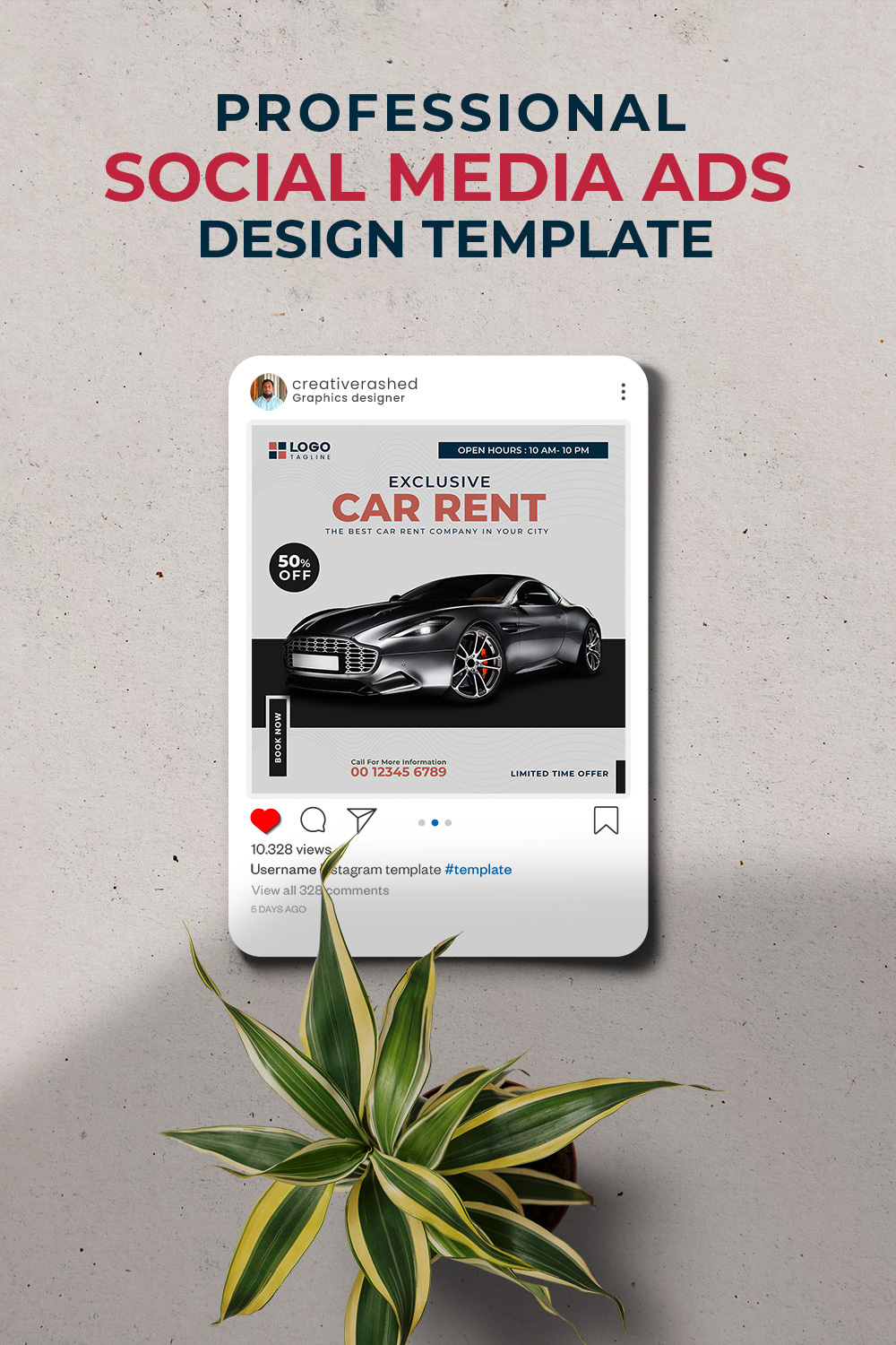 Professional & Creative Modern Car Rent Social Media Ads Banner Design Template pinterest preview image.