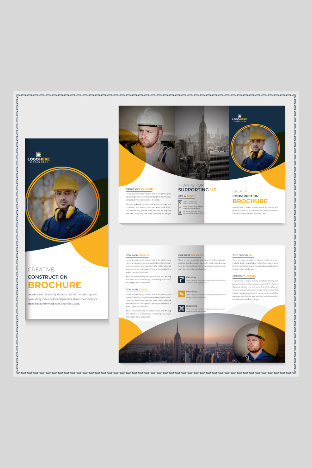 construction trifold brochure template and home renovation magazine pinterest preview image.