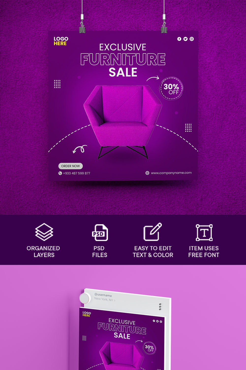 Modern Furniture Social Media Template pinterest preview image.