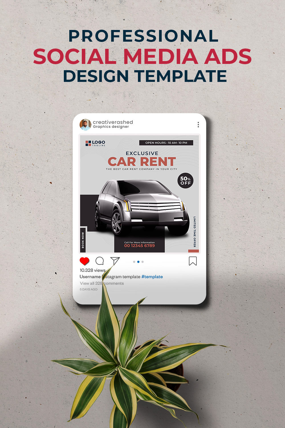 Professional & Creative Modern Car Rent Social Media Ads Banner Design Template pinterest preview image.