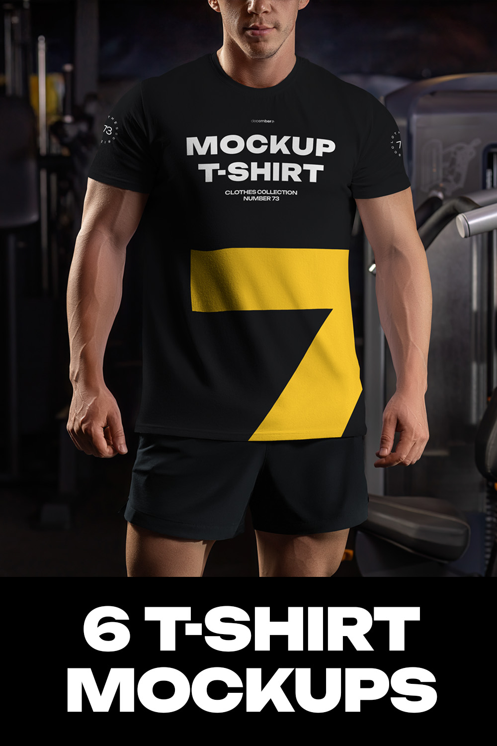 6 Mockups of the Men's T-shirt on the Bodybuilder in the Gym T-shirt with a Round Neck pinterest preview image.