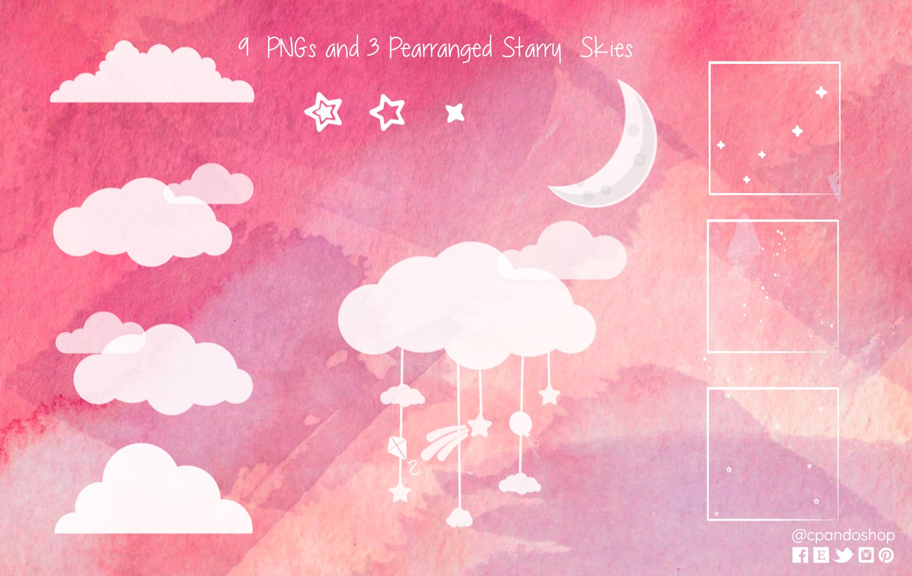 Pink sky,  Watercolor Stars & Clouds preview image.