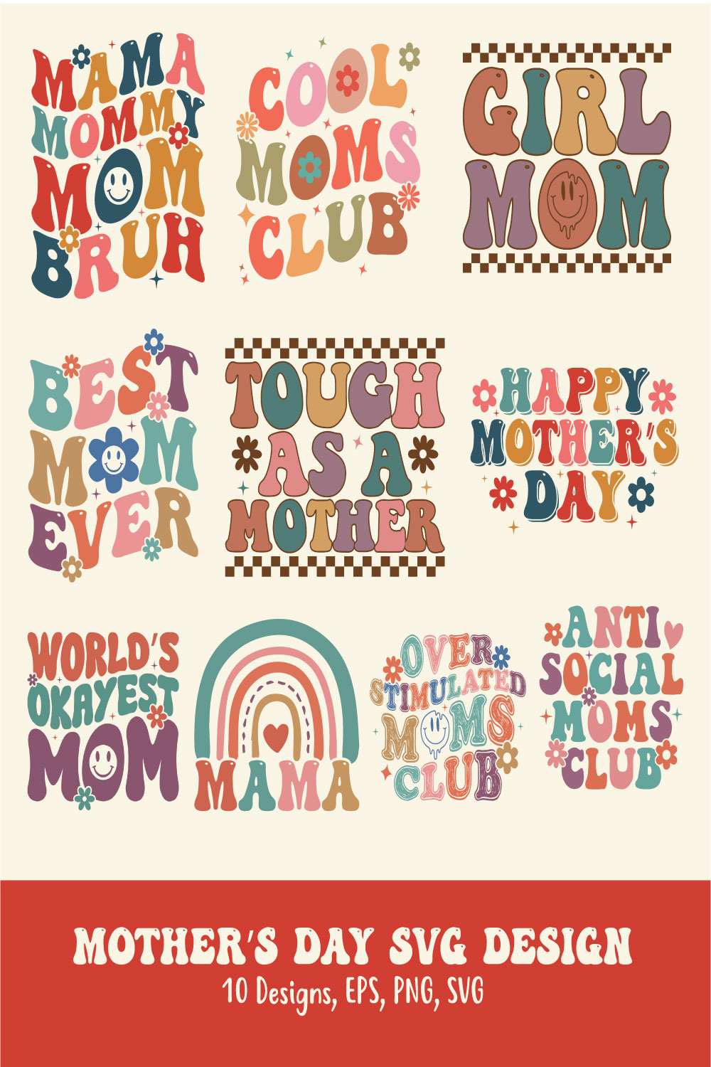 10 Mother's Day Retro SVG T-Shirt Design Bundle Vector Template pinterest preview image.