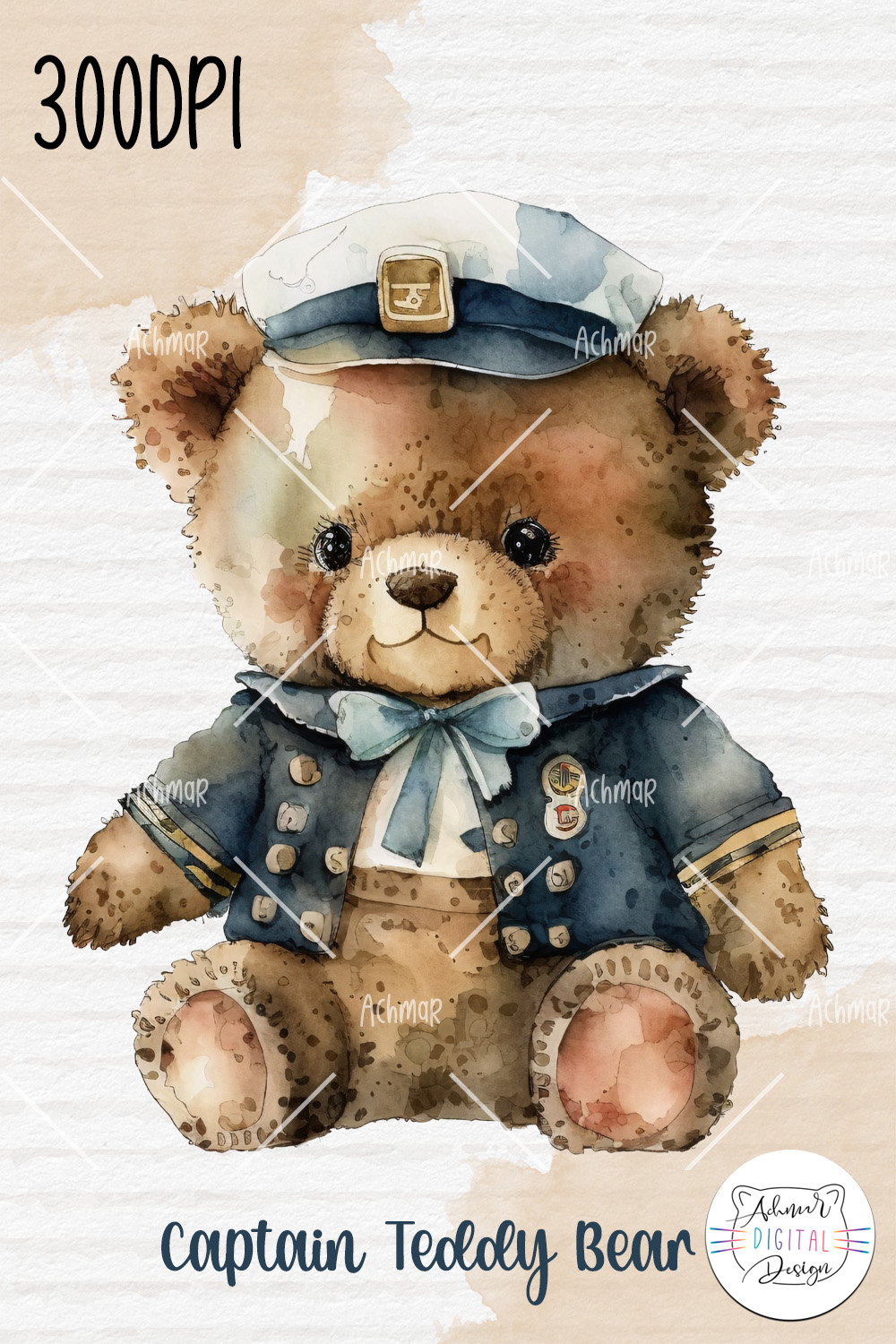 Teddy Bear Captain Watercolor Clipart pinterest preview image.