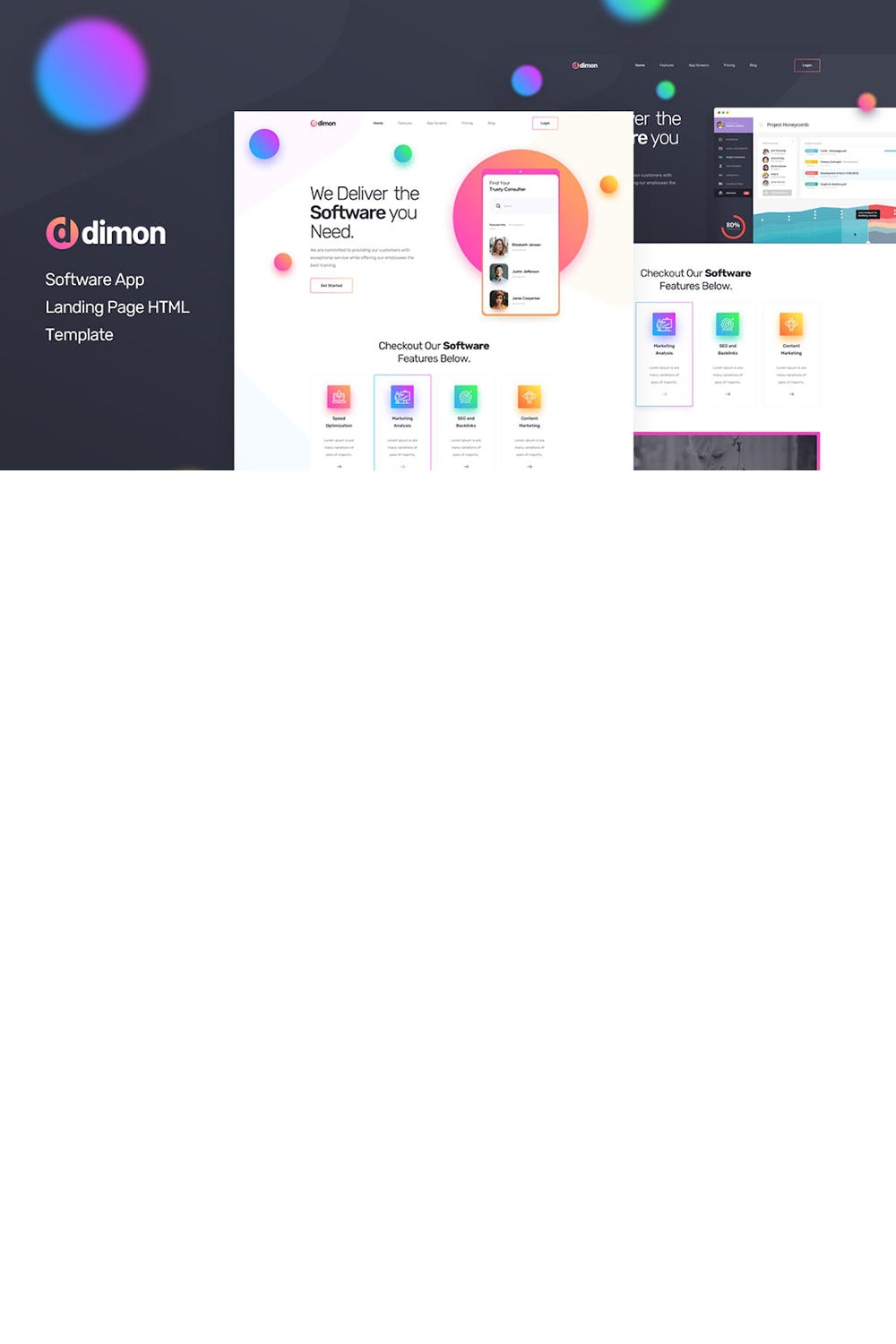 Free Dimon App Landing Page HTML Template pinterest preview image.