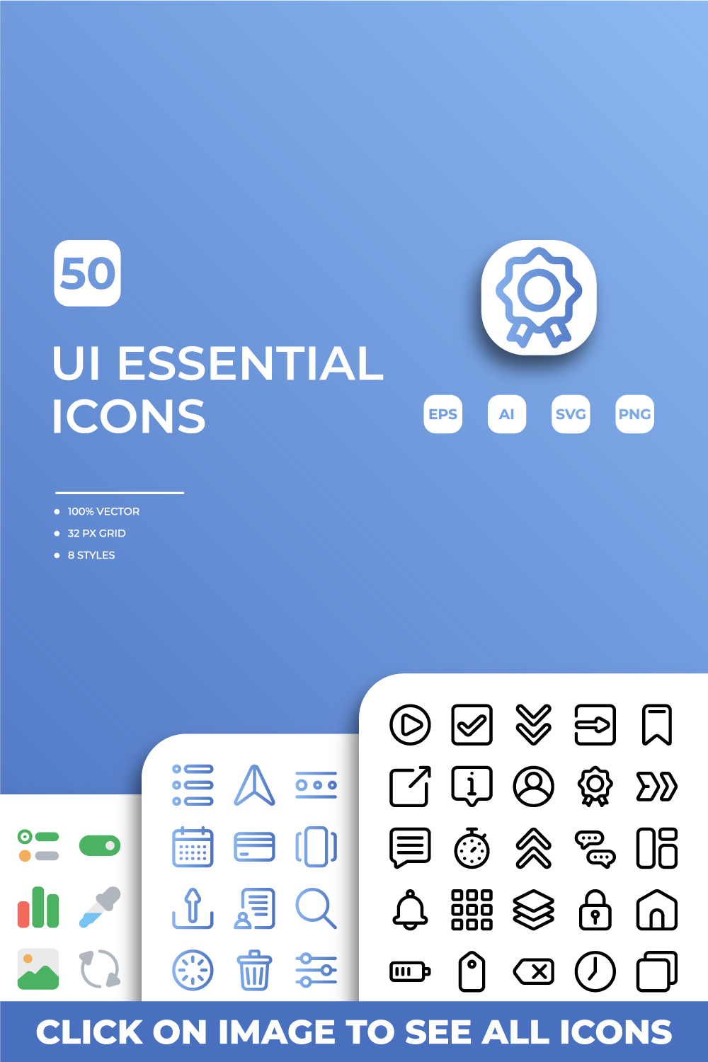 UI Essential Icons Pack pinterest preview image.