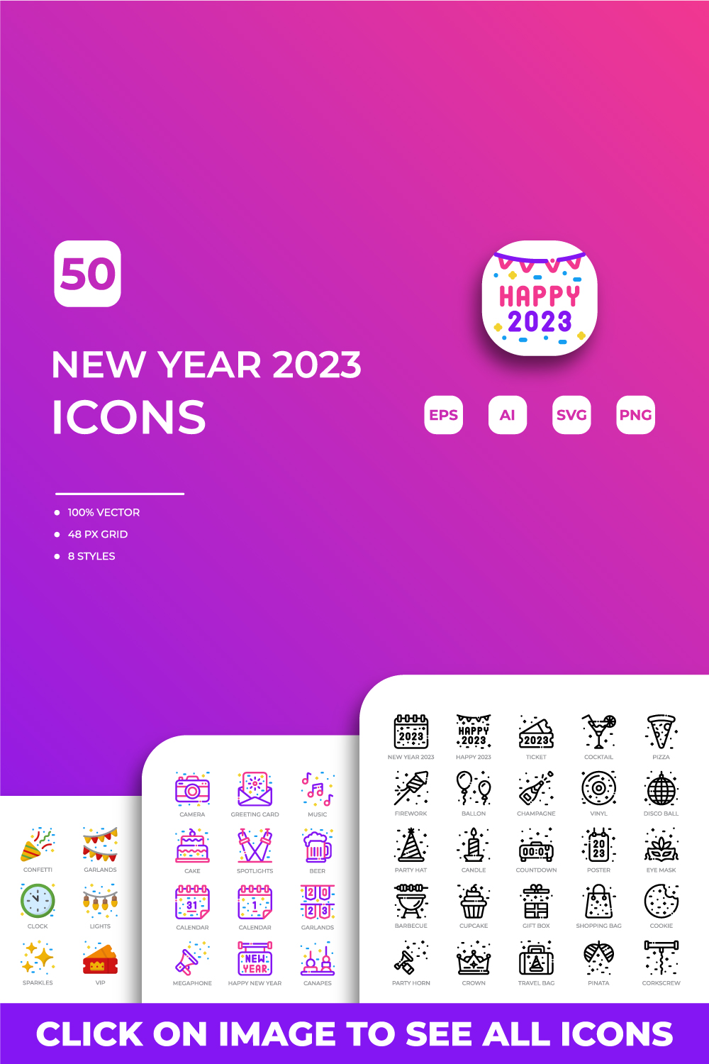 New Year 2023 Icons Pack pinterest preview image.
