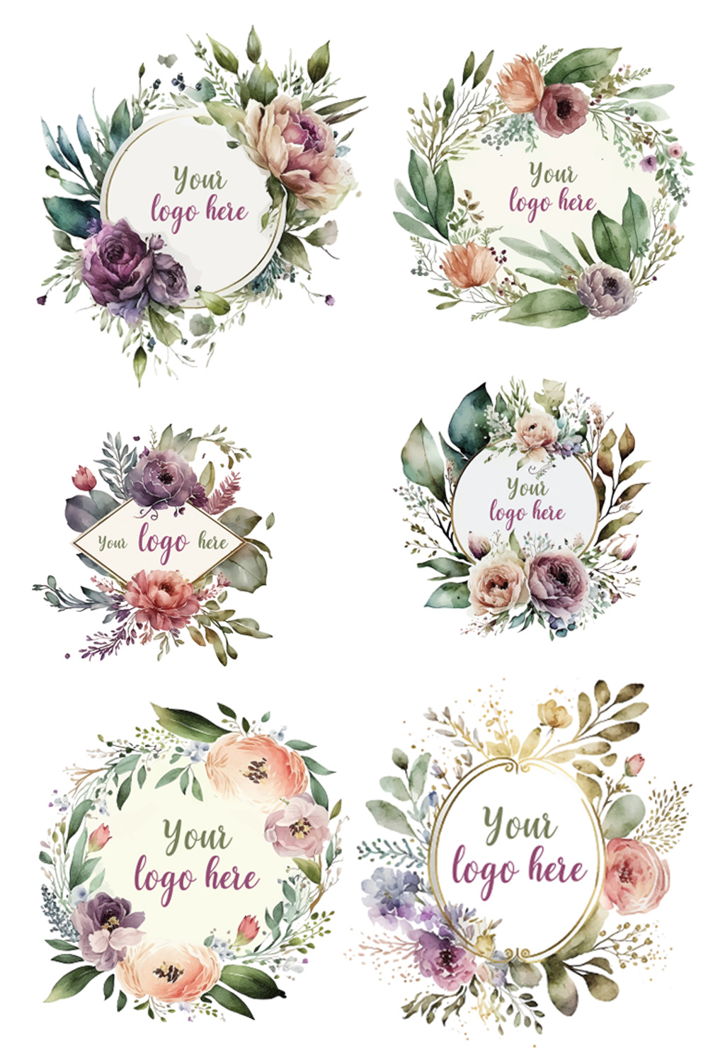 Watercolor Floral Logo Bundles, Pastel floral logo, Watercolor Round Floral Logo, Flower Logo, modern logo, Bundles Logo Design pinterest preview image.