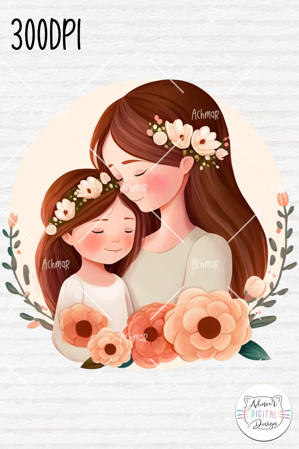 Mothers Day Illustration, Mom and Daughter pinterest preview image.